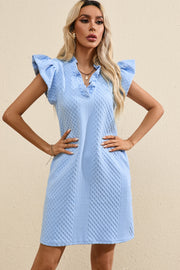 Light blue textured trapeze dress with ruffle sleeves and v-neckline