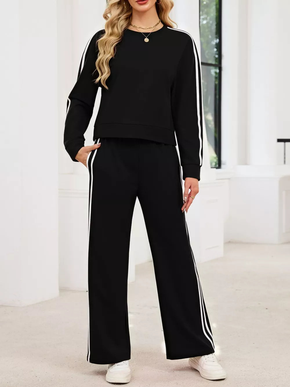 Striped Round Neck Sweatshirt And Pants Set in Black, alternate angle