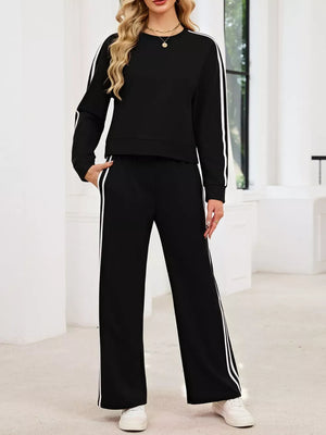 Striped Round Neck Sweatshirt And Pants Set in Black, alternate angle
