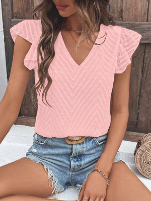 Blush pink textured chevron v-neck blouse with flutter sleeves