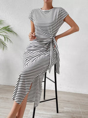 Elegant Striped Midi Dress With Tie Detail