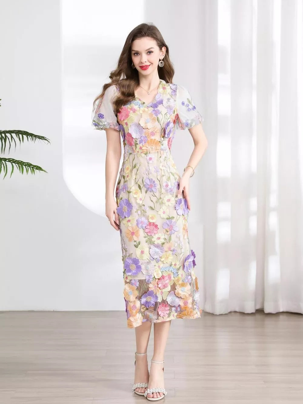 Embroidered Floral Puff Sleeve Midi Dress