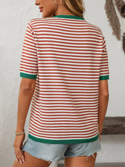 Retro stripe knit tee with contrast green trim and short sleeves.