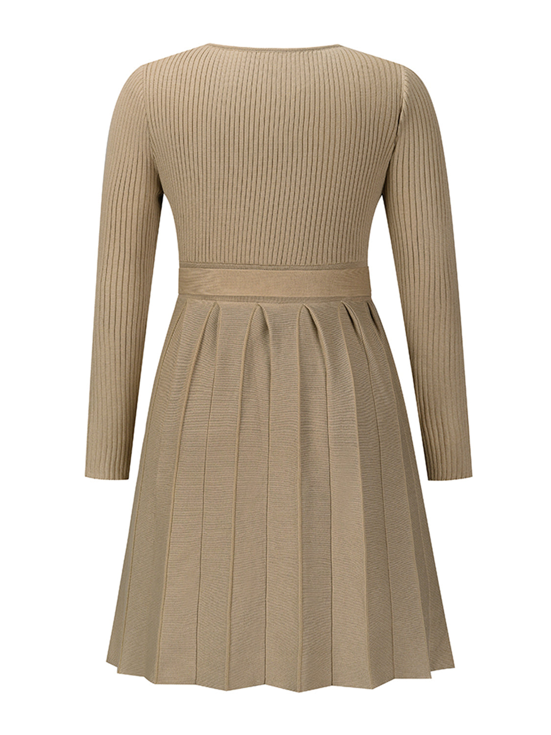 Khaki ribbed knit wrap dress with long sleeves and a pleated skirt.