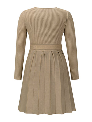 Khaki ribbed knit wrap dress with long sleeves and a pleated skirt.