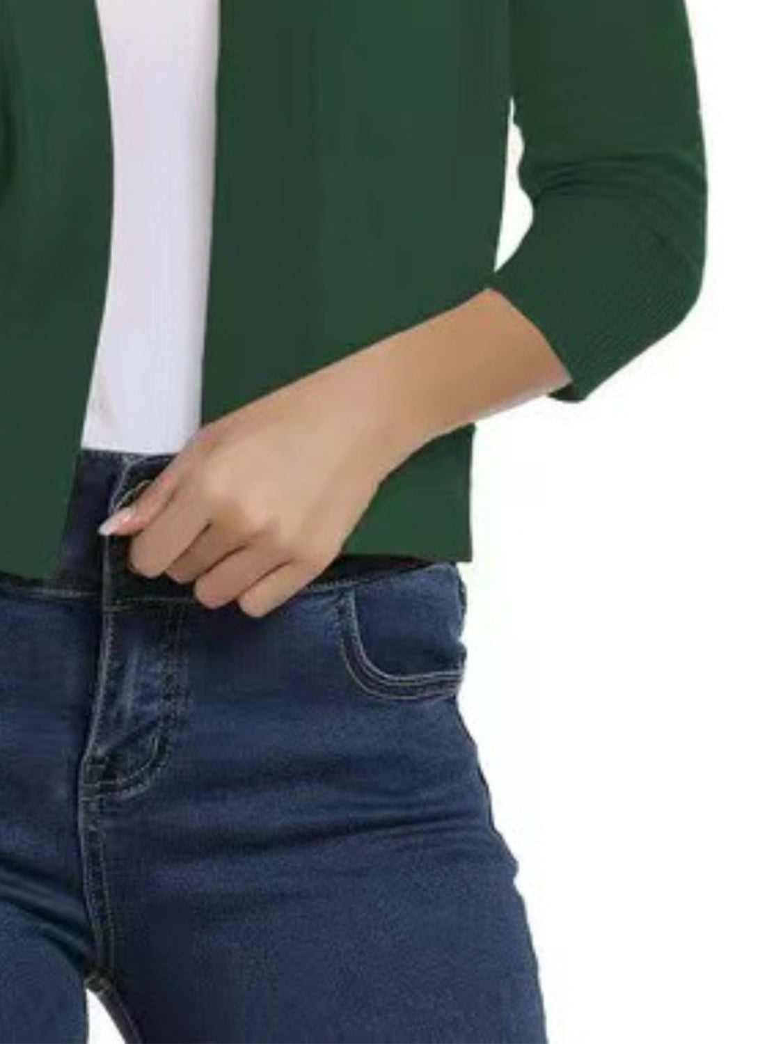Mid Green cropped knit cardigan with elbow sleeves and ribbed cuffs.