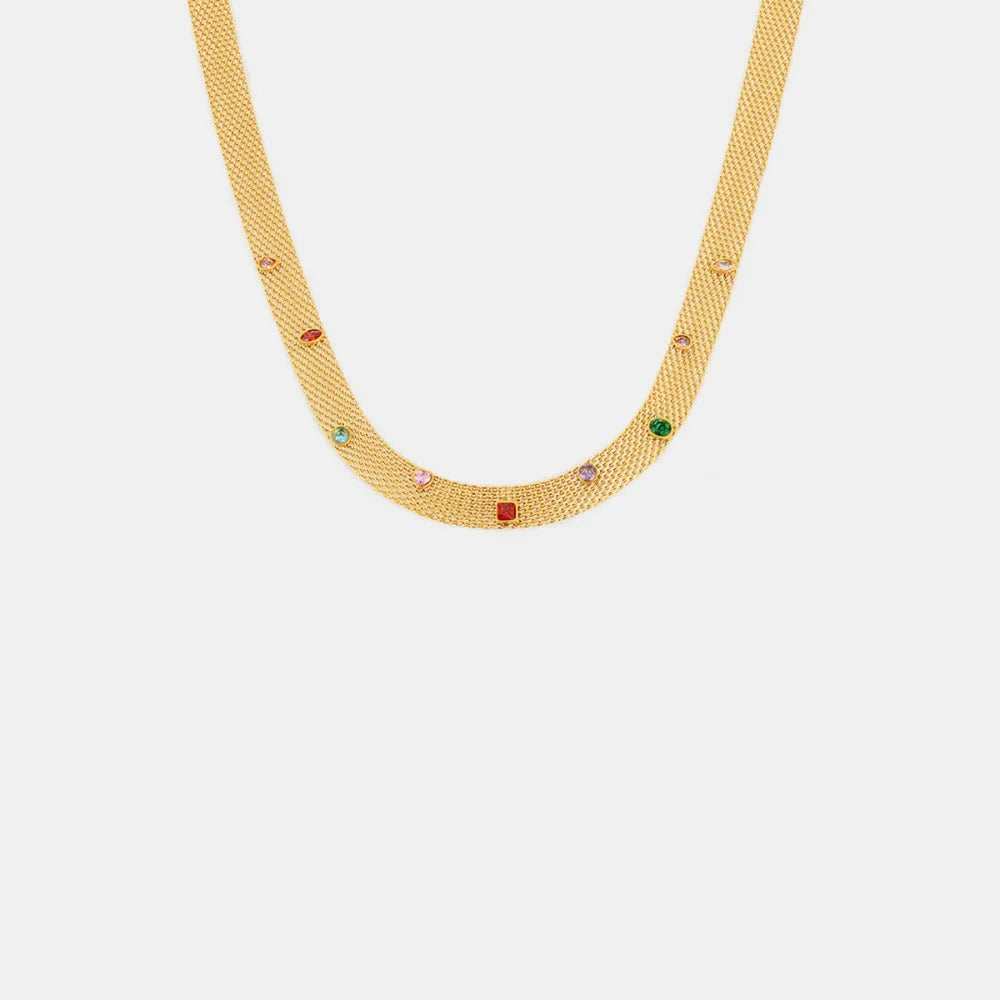 Gold mesh collar necklace with colorful gemstone embellishments
