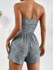 Strapless ruched waist romper in leopard print with ruched bodice and elastic waist