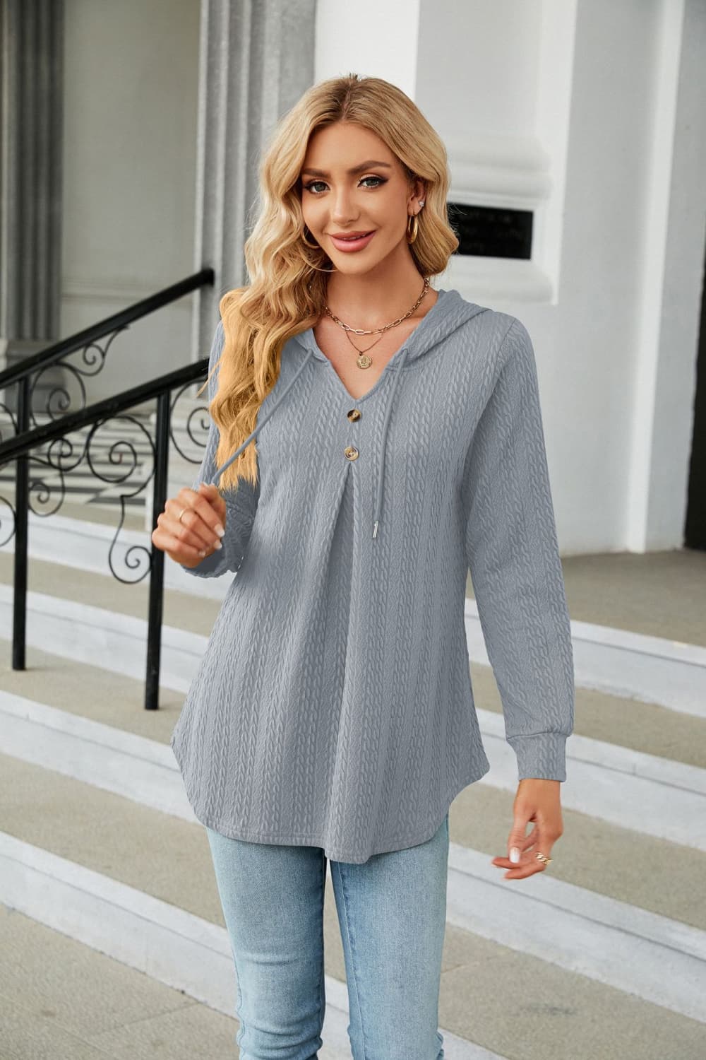 Textured hooded tunic in Cloudy Blue with V-neck, drawstring and button detail