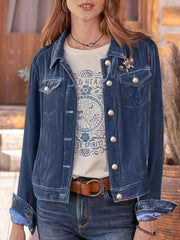 Velvet western jacket in navy with silver buttons and chest pockets.