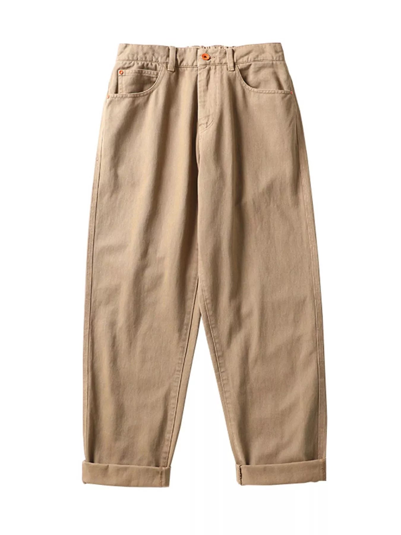 Khaki cotton wide-leg trousers with cuffed hems and front pockets.
