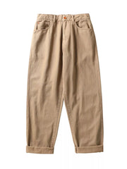 Khaki cotton wide-leg trousers with cuffed hems and front pockets.