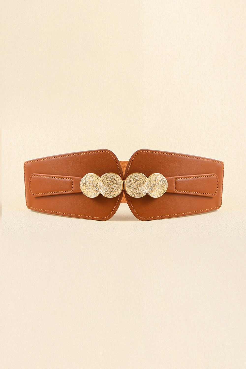 Caramel faux leather belt with embossed gold clasp and elastic back