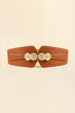 Caramel faux leather belt with embossed gold clasp and elastic back