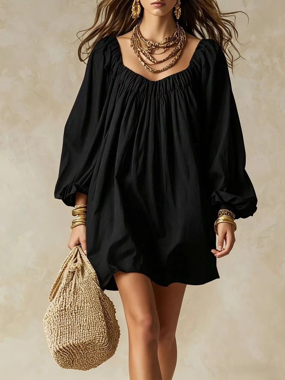 Flowy Balloon Sleeve Mini Dress in Army Green, view 11