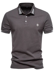 Dark Gray textured polo shirt with white striped collar and sleeve details.