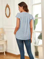 Light Blue Flutter Sleeve Swiss Dot Blouse with button detail