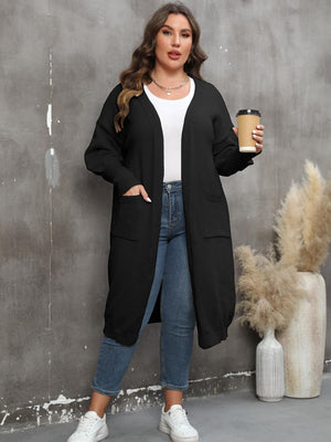 Black oversized knit duster cardigan with patch pockets, 100% polyester.
