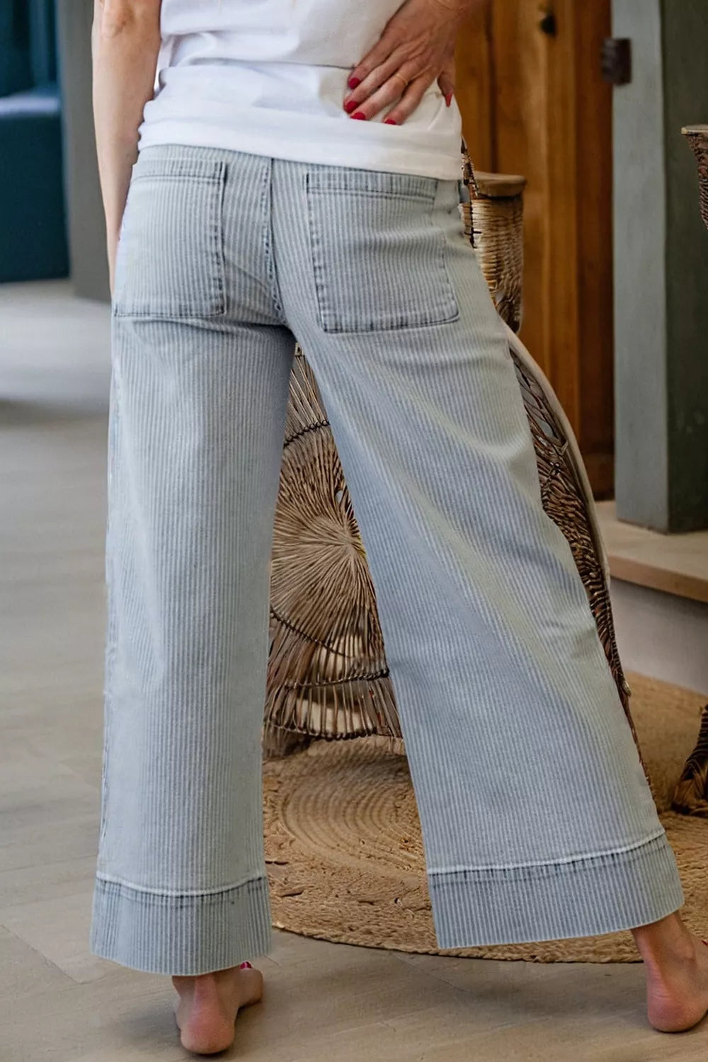 Striped Wide-leg Cropped Jeans in Light Blue, fabric detail