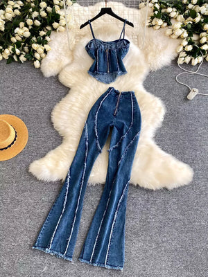 Denim cami and flare pants set with raw hem details and front zippers.