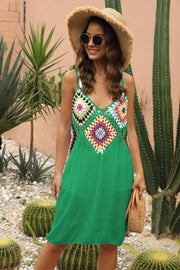 Green maxi dress with colorful crochet yoke and V-neck