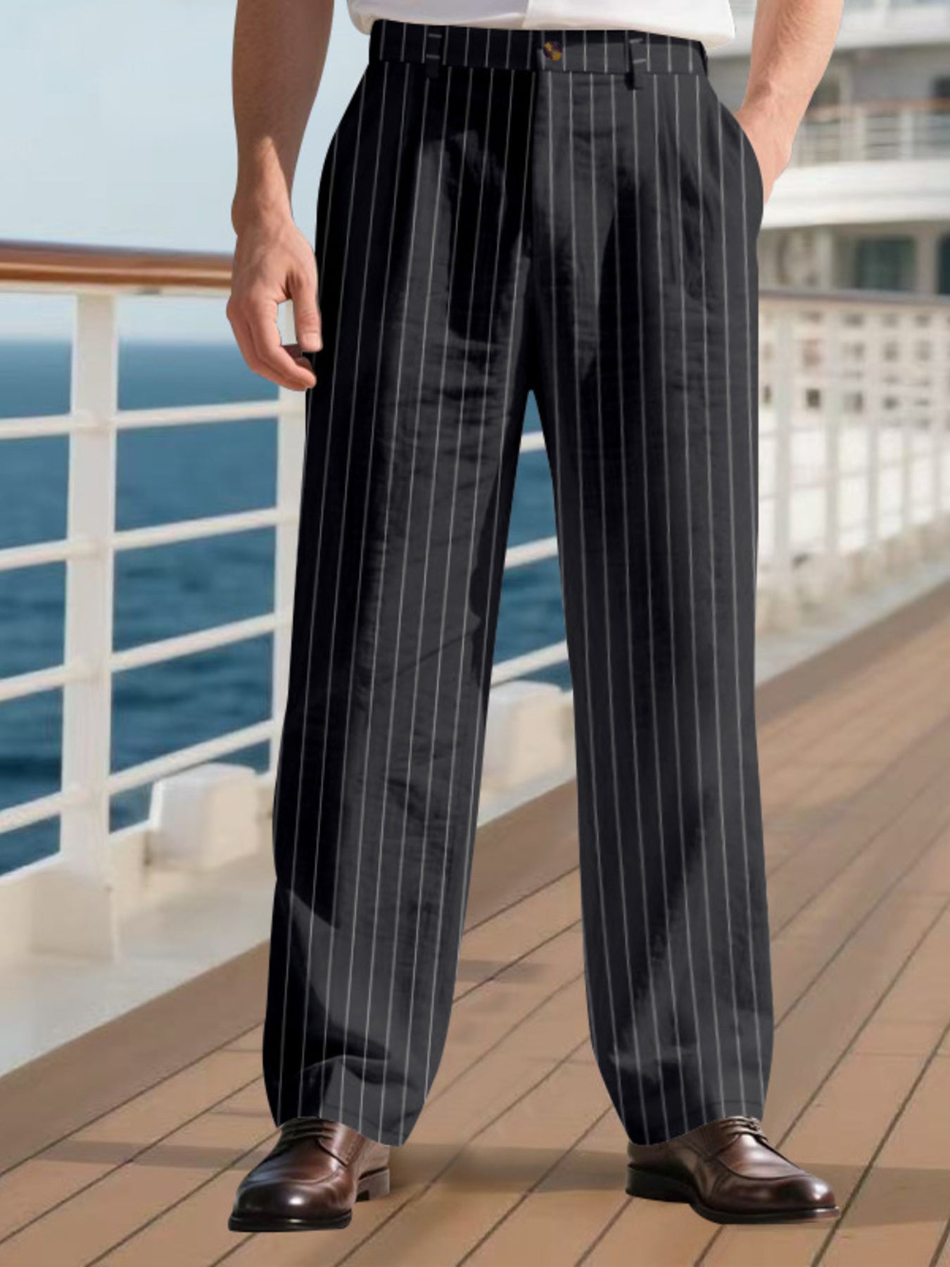Men's black pinstripe wide-leg sweatpants with a relaxed fit.
