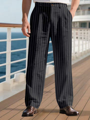 Men's black pinstripe wide-leg sweatpants with a relaxed fit.