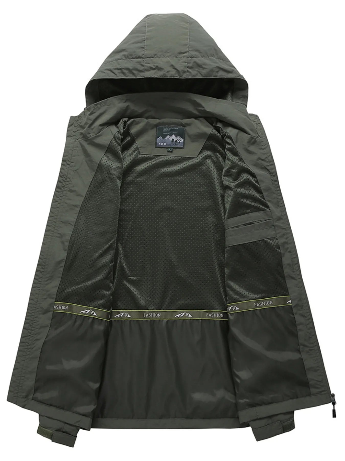 Army green hooded windbreaker jacket interior with mesh lining and pocket detail