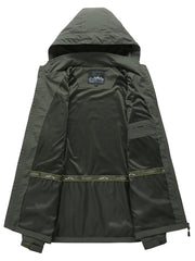 Army green hooded windbreaker jacket interior with mesh lining and pocket detail