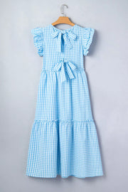 Blue gingham tiered maxi dress with ruffled sleeves and knot back detail