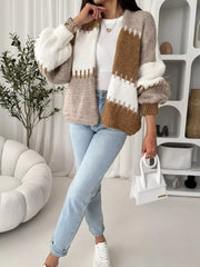 Pastel Harmony open front cardigan with balloon sleeves in brown, white, and beige stripes.