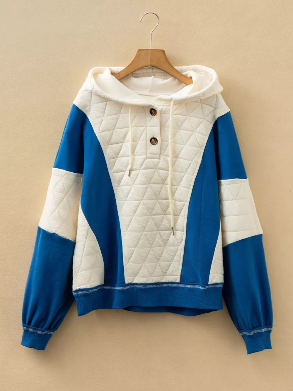 Quilted Fleece Color Block Oversize Hoodie in Ivory, close-up detail