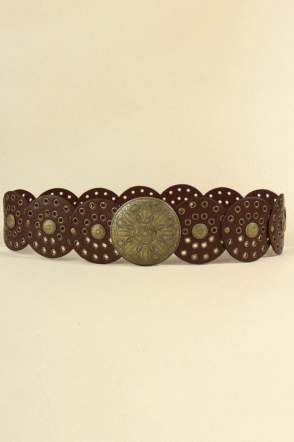 Chocolate embossed medallion and studded belt with scalloped edges
