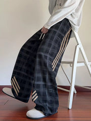 Men's Plaid Wide-leg Sweatpants With Side Stripes in Green, front view