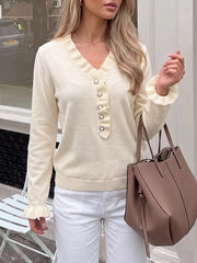 Ruffle Trim Pearl Button V-neck Knit Top in Apricot, model styling view