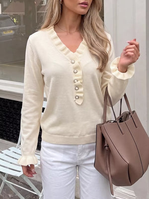 Ruffle Trim Pearl Button V-neck Knit Top in Apricot, model styling view