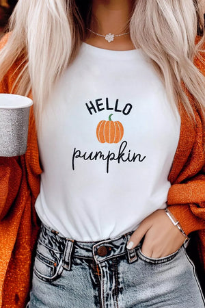 Embroidered Pumpkin Slogan Short Sleeve T-shirt, model styling view
