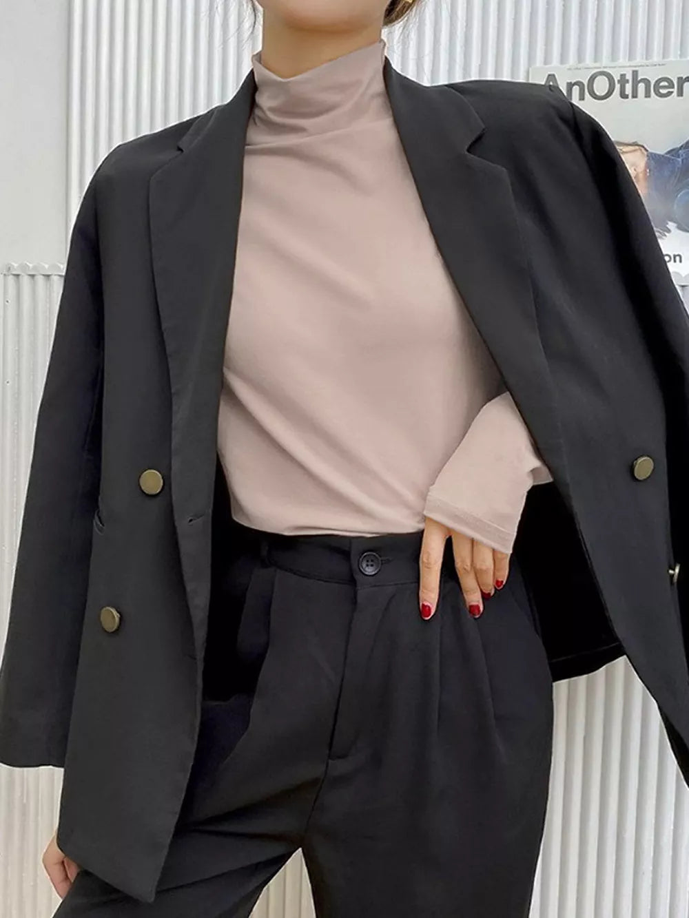 Solid Color Turtleneck Long Sleeve T-shirt, back view