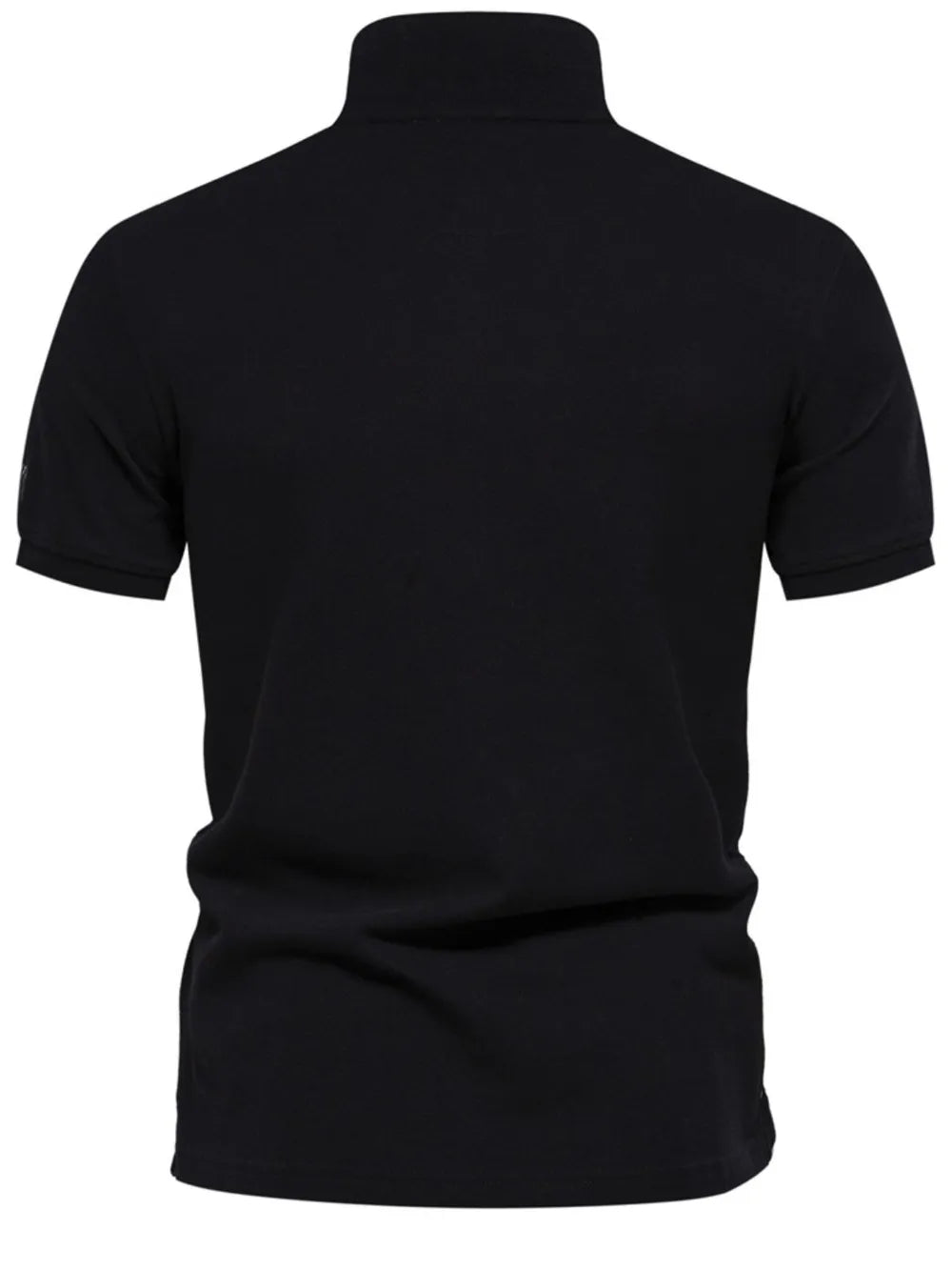 Black piqué polo shirt with short sleeves and embroidered detail on the left sleeve.