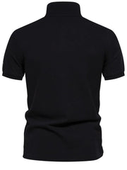 Black piqué polo shirt with short sleeves and embroidered detail on the left sleeve.
