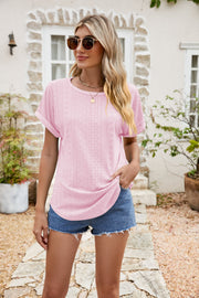 Perforated sleeve tee in blush pink with rolled cuffs and a crew neck.