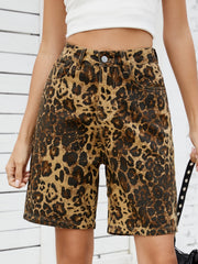 Leopard print denim bermuda shorts with a relaxed fit.
