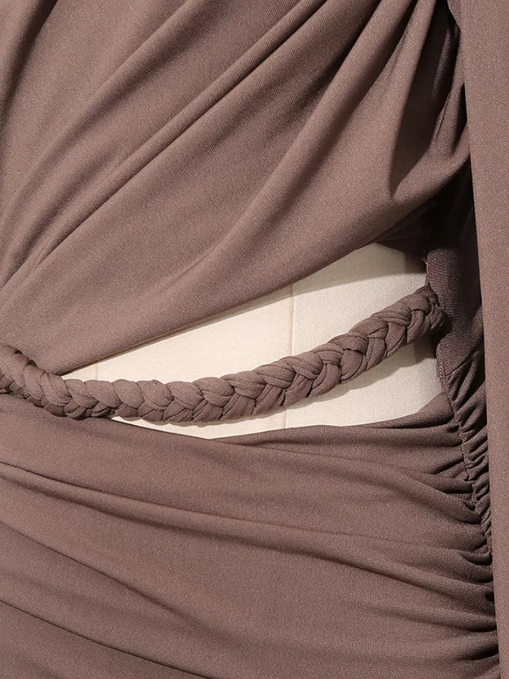 Ruched Long-sleeve Maxi Dress With Cutout in Brown, alternate angle