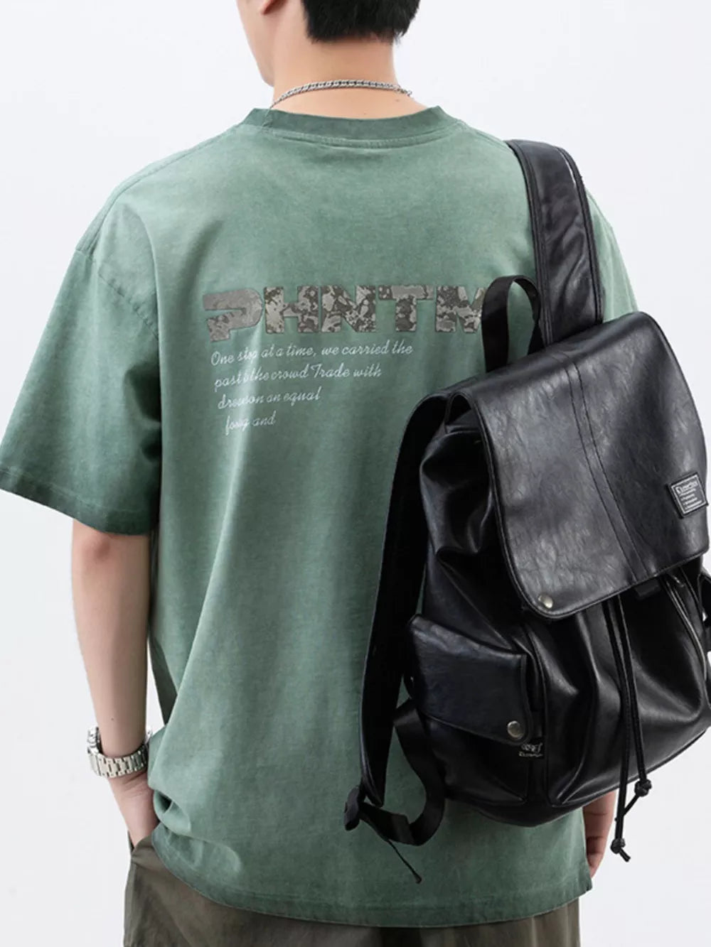 Men's Vintage Green Cotton T-Shirt with Letter Back Graphic and Round Neck