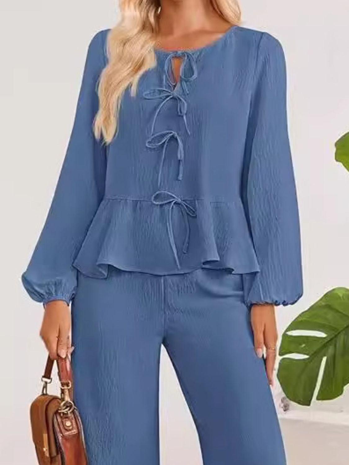 Dusty Blue textured peplum co-ord set with tie-neck detail and balloon sleeves.