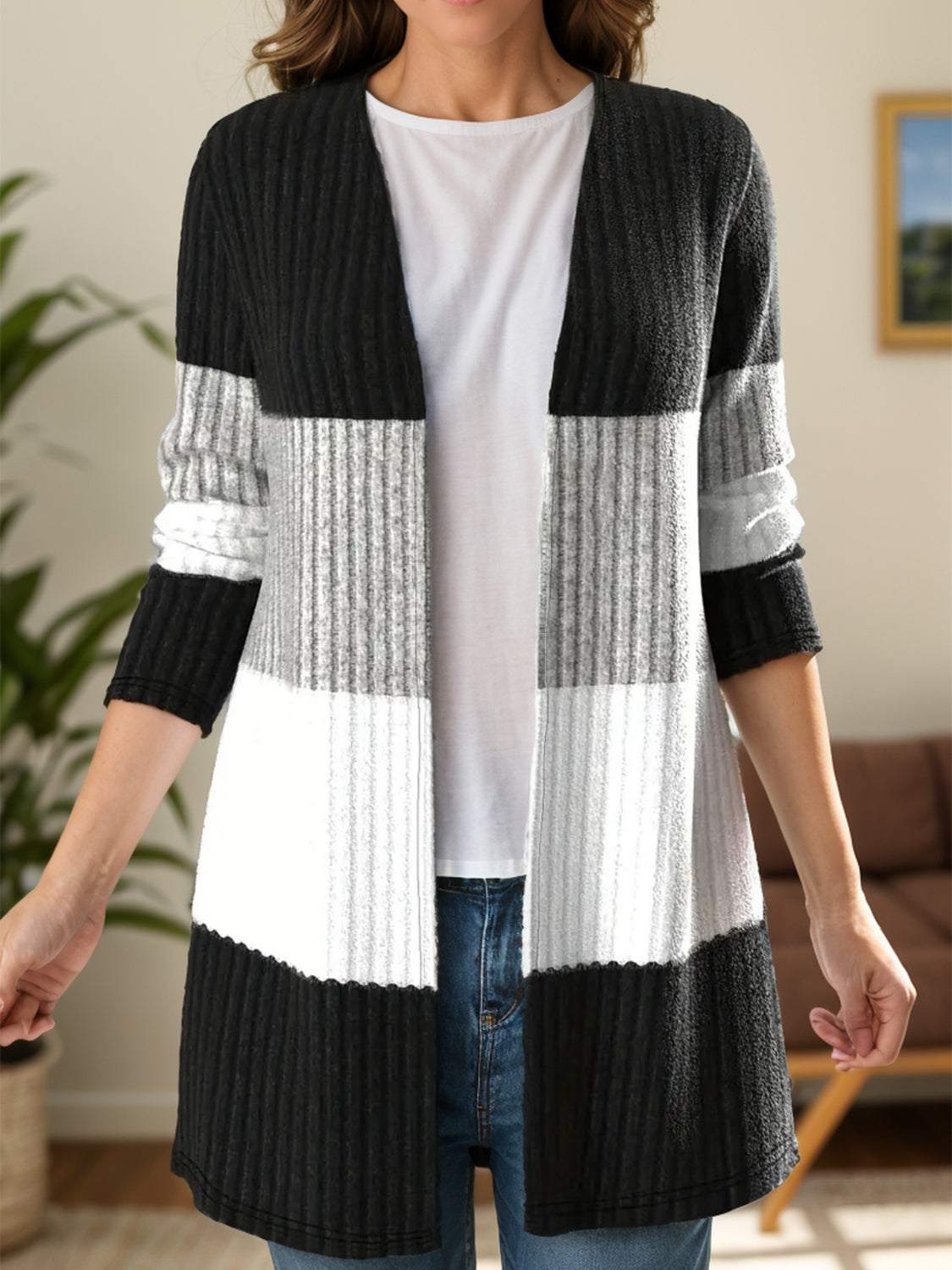 Monochrome block ribbed cardigan with open front and long sleeves.