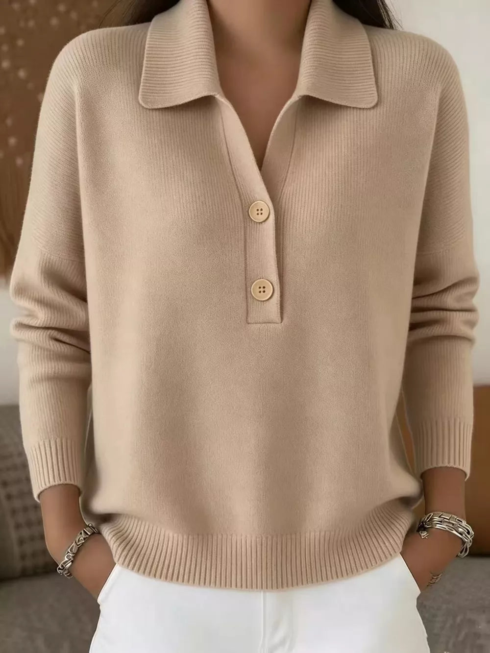 Full Size Button Detail Long Sleeve Sweater Plus in Orange-red, editorial view