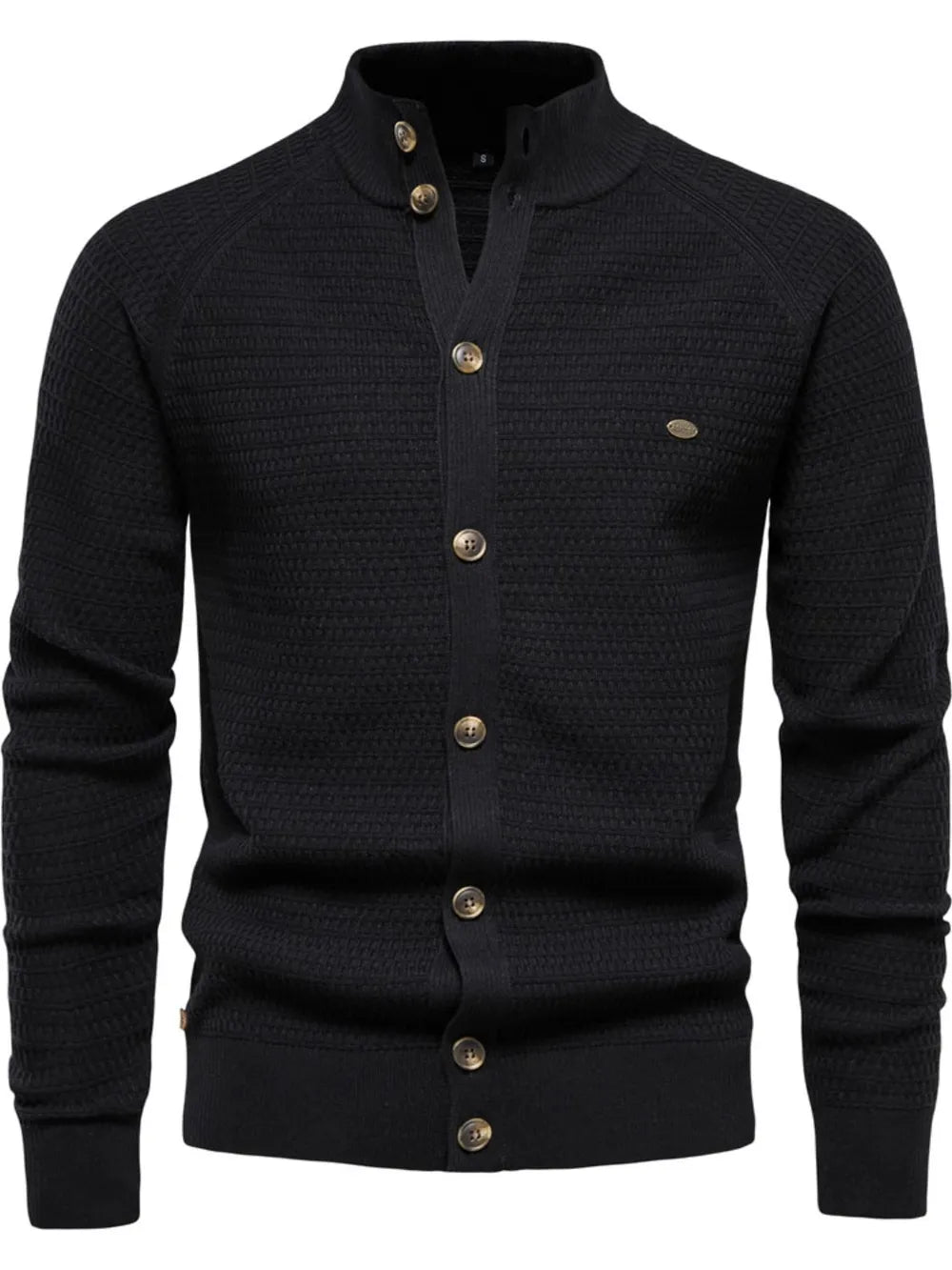 Black textured knit stand collar cardigan with button closure and raglan sleeves.