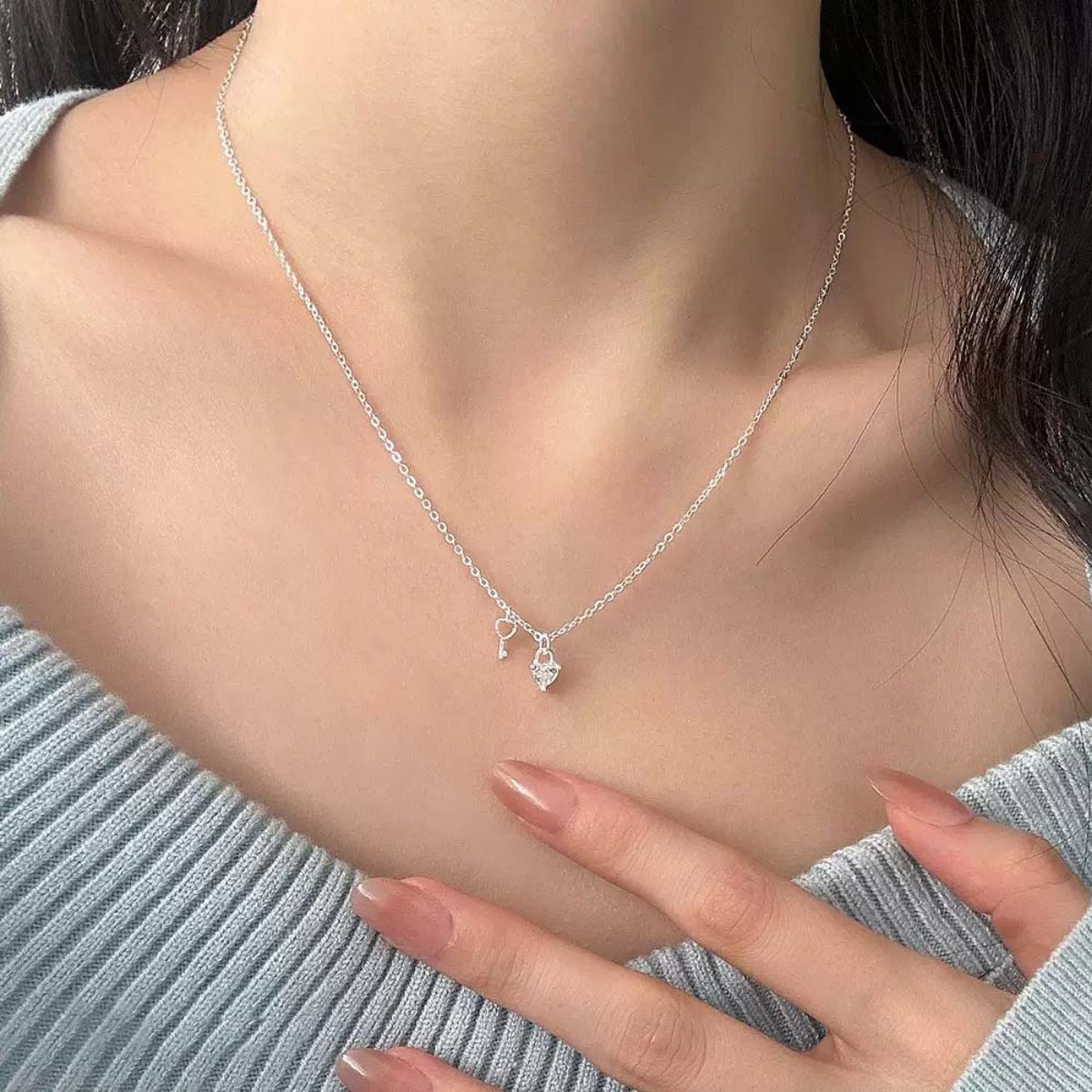 Sterling silver dainty heart lock and key necklace with clear crystal accents