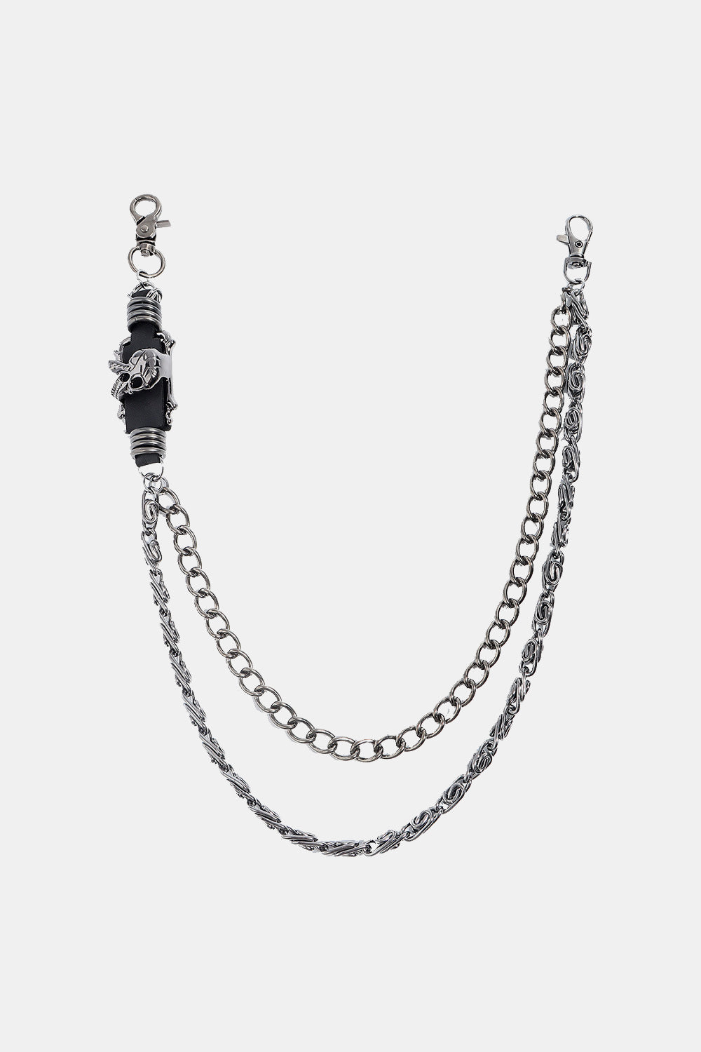 Gothic chain belt in black with skull detail and silver alloy hardware.